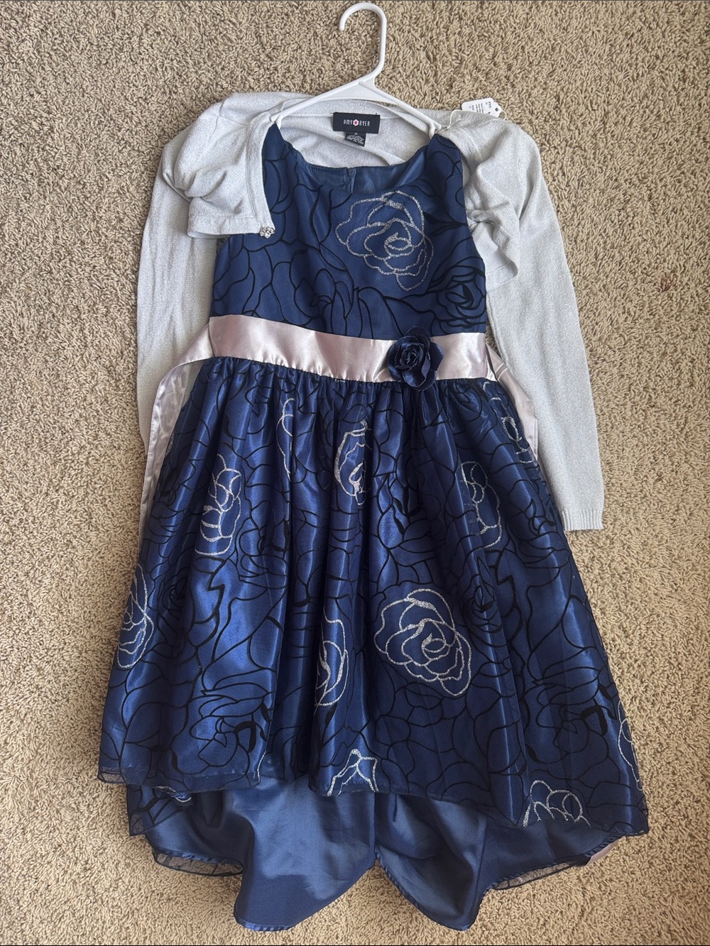 Navy Floral High-Low Party Dress with Silver Shrug